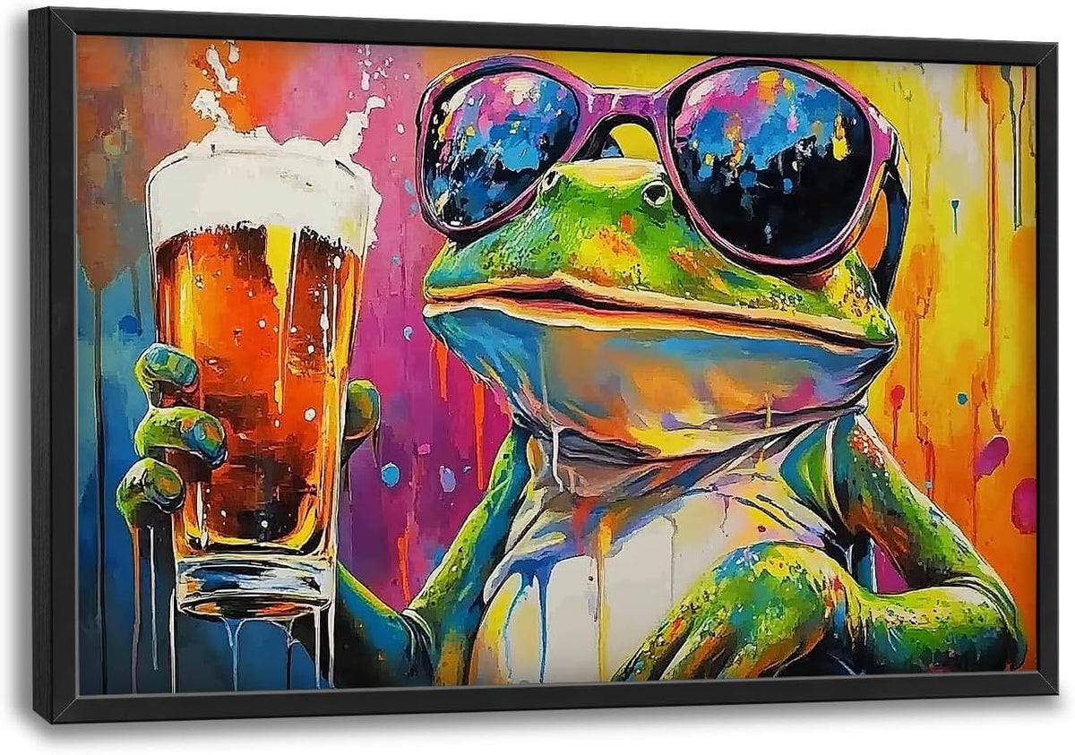 Large Graffiti Frog Wall Art for Living Room, Framed Oversized Funny Frog Beer Wall Decor Colorful Animal Canvas Painting Modern Artwork for Bathroom Bedroom Office Dining Room 36"x24"