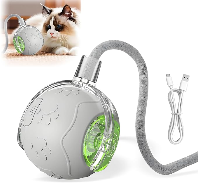Interactive Cat Toys Ball for Indoor Cats, 2025 Newly Upgraded Automatic Rolling Balls, Moving Cat Ball with Elastic Mesh Tail, Kitten Toys for for Bored Indoor Adult Cats/Dog (Grey)