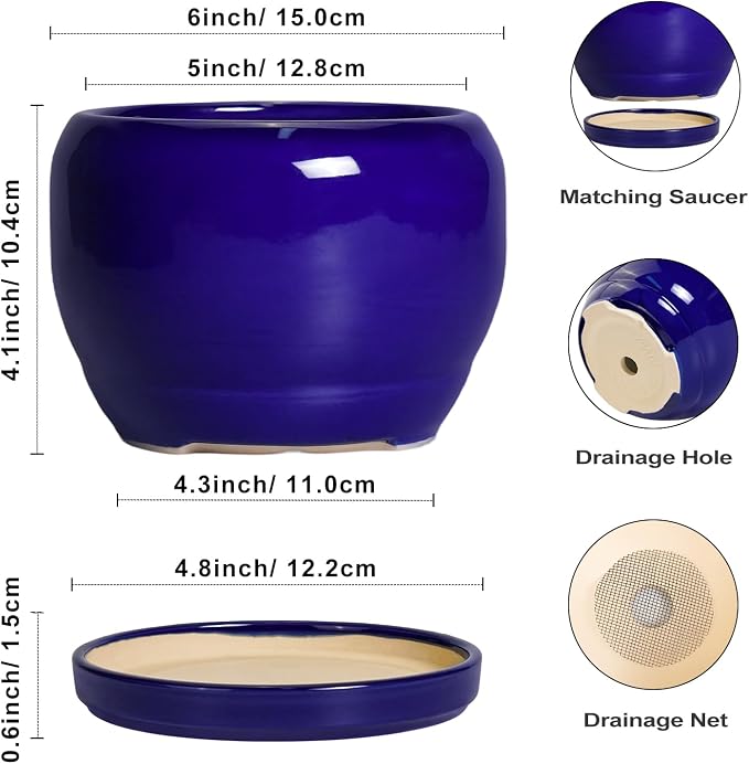 SQOWL Ceramic Planters for Indoor Plants - 6 Inch Plant Pot with Drainage Hole and Saucer, Round Small Planter, Modern Decorative Flower Pot Outdoor, Living Room Decor, Garden Gifts for Women, Blue