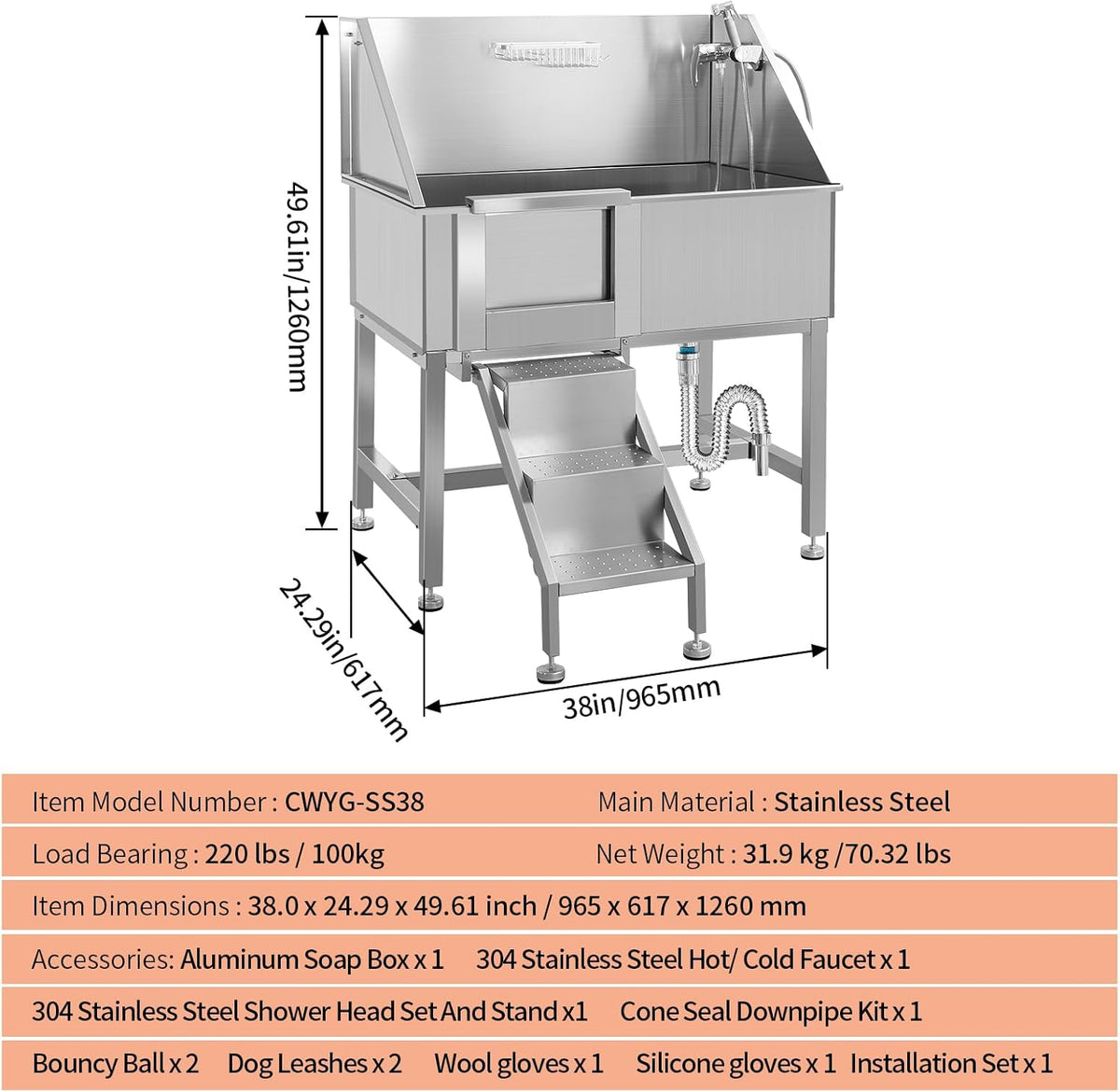 38 Inch Dog Bathing Station for Large Dogs, Stainless Steel Dog Pet Washing Station, Professional Dog Grooming Tub, Pet Wash Bath Station,Left Door