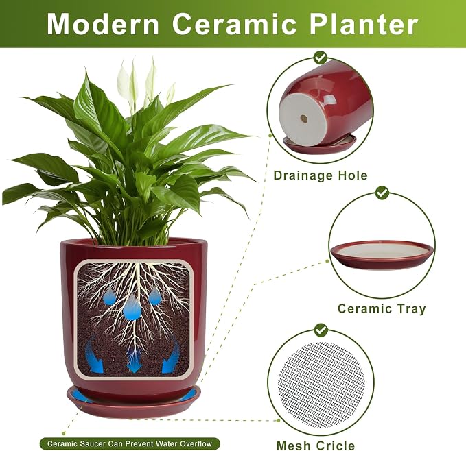 Ceramic Planter for Plants - 10 Inch Plant Pot Indoor with Drainage Hole and Saucer Modern Large Outdoor Planter Flower Pot for Home Decor Red