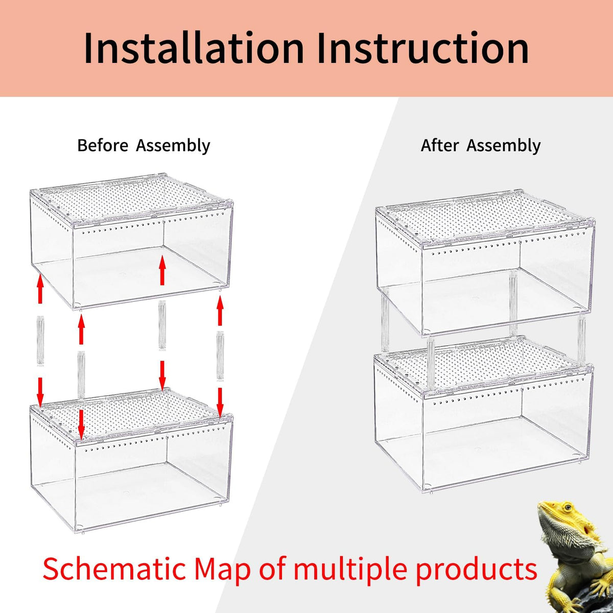 【No Assembly】 Reptile Tank Enclosure with Magnetic Button.12" * 8" * 6" Thicken Snake Enclosure Cage,Batch Stackable Reptile Breeding Tank for Insect,Fish,Tarantula,Hermit Crab,Jumping Spider