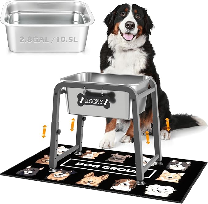 2.8 Gallon Elevated Dog Water Bowl, ADENGL Height Adjustable (10.4–15.2'') Raised Stainless Steel Bowl with Spill-Proof Mat & Sturdy Metal Stand, Tip-Proof, Easy to Clean, Indoor & Outdoor Use