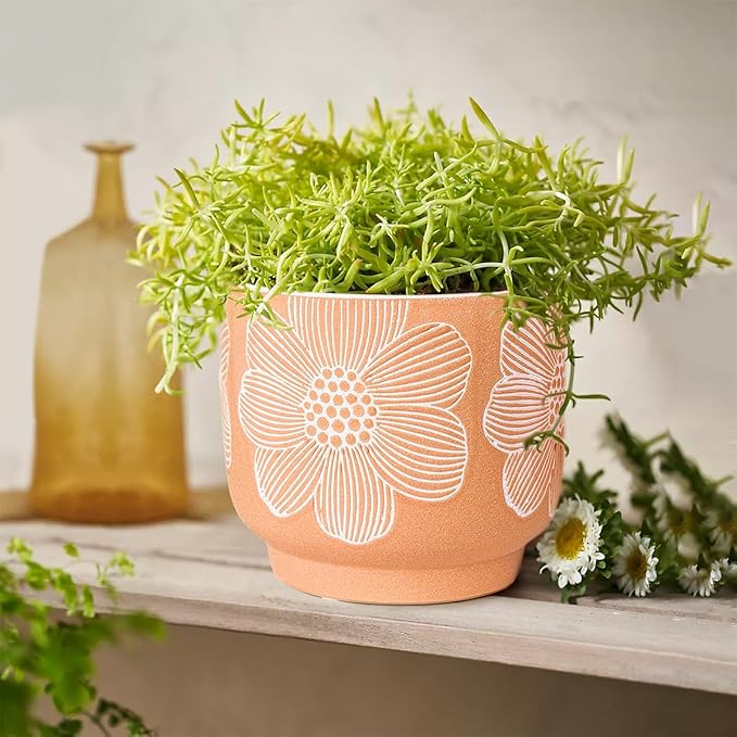 YBX 8 Inch + 6 Inch White Flower Pattern Plant Pots, Sand Glazed Ceramic Planter with Drainage Hole, Flower Pots for Indoor Plants, Orange