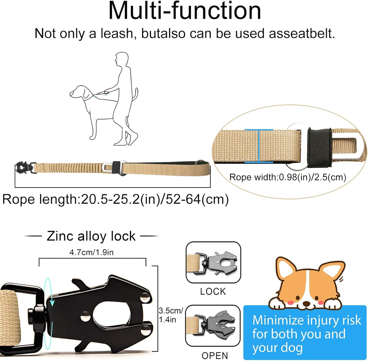 20” Strong Short Leash for Dog, Heavy Duty Bungee Dogs Leash with Padded Handle Car Seatbelt, Small Dog Training Leashs for Large or Medium Dogs - Can be Used with Other leashes (Khaki)