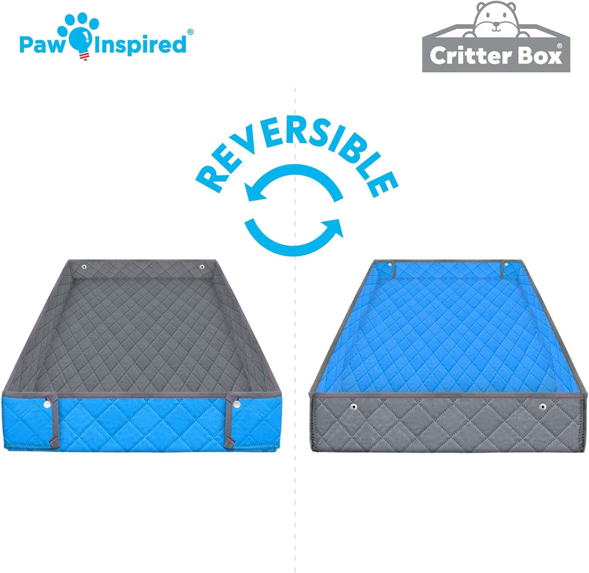 Paw Inspired Critter Box Washable Cage Liner, Reversible Fleece Bedding with Raised Sides for Guinea Pigs and Other Small Animals (2x4 (12" Grids), Gray/Blue)