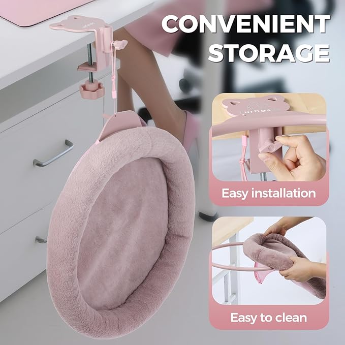 Rotating Cat Desk Bed - 40 LBS Chair-Side Cat Sleeping Basket with Bed for Desk, 360° Swivel & Removable Washable Cushion for Office Comfort(Pink