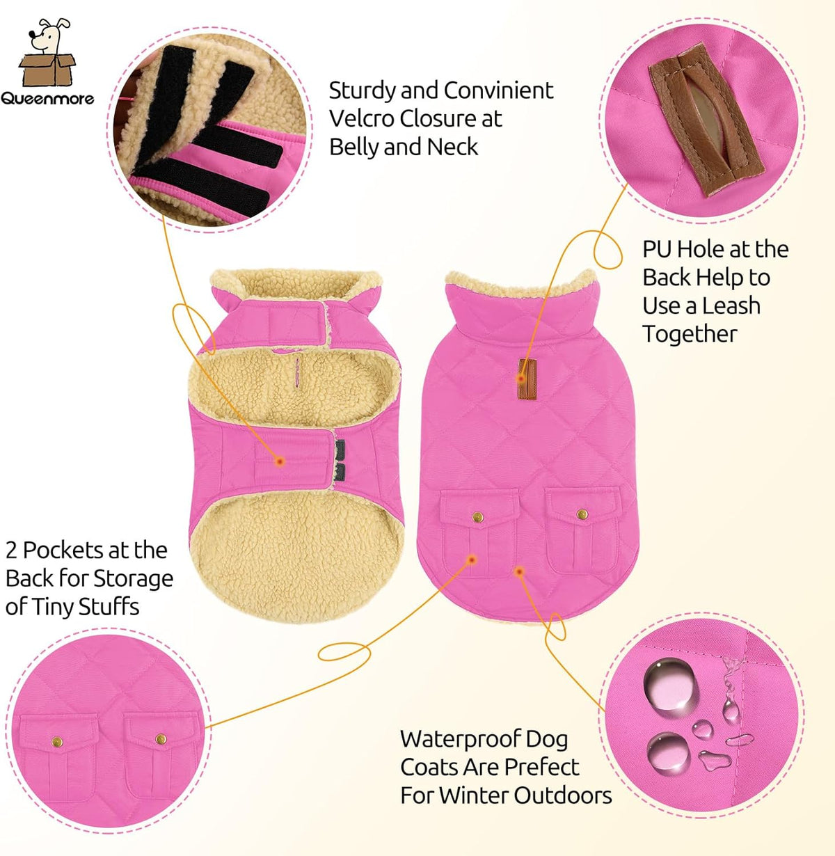 Queenmore Dog Winter Coat - Fleece Jacket, Waterproof Cold Weather Dog Clothes, Thick Warm Cotton Padding, Easy On Storage Pockets (Pink, Small)