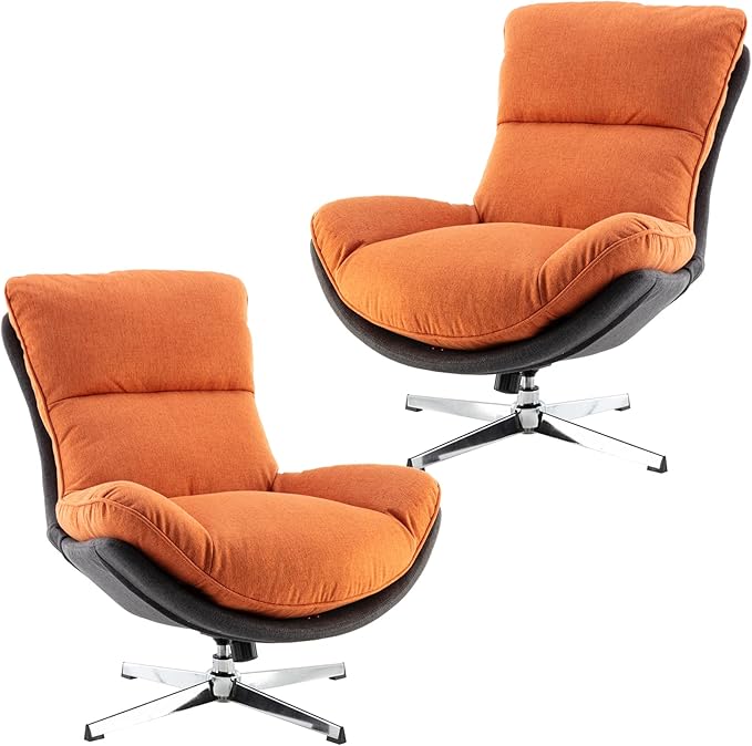 DUOMAY Swivel Accent Chair, Modern Linen Soft Foam Lounge Chair with High Back, Comfy Rocker Chair for Living Room Bedroom Reading Room Office, Tilt & Swivel, Chrome Base, Orange