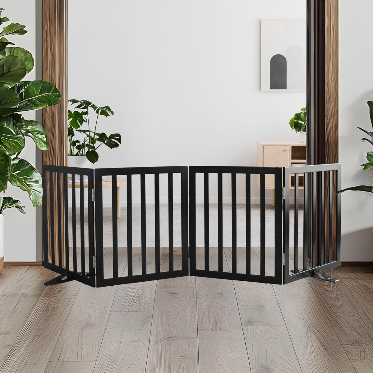 ZJSF Freestanding Indoor Dog Gate for House Foldable Wood Puppy Gate for Doorways Pet Gate for Stairs Extra Wide Pet Fence, Black, 24" Height 4 Panels
