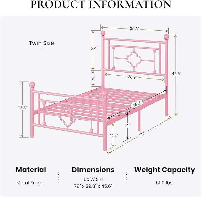 SHA CERLIN 14 Inches Twin Size Metal Platform Bed Frame/Vintage Iron-Art Headboard and Footboard/Mattress Foundation for Storage/No Box Spring Needed/Noise-Free/Easy Assembly/Pink
