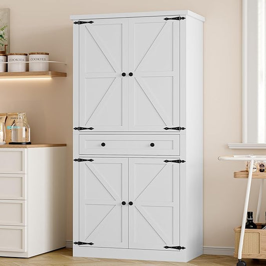 Pantry Organizers and Storage Cabinet, 70” Barn Door White Kitchen Cabinet
