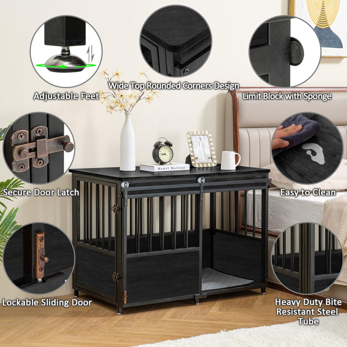KOOPRO 40 Inch Dog Crate Furniture with Cushion for Small Medium Dogs, Wooden Heavy Duty Dog Kennel with Double Doors, Decorative Pet House Dog Cage Side End Table Indoor, Sliding Door Chew-Resistant