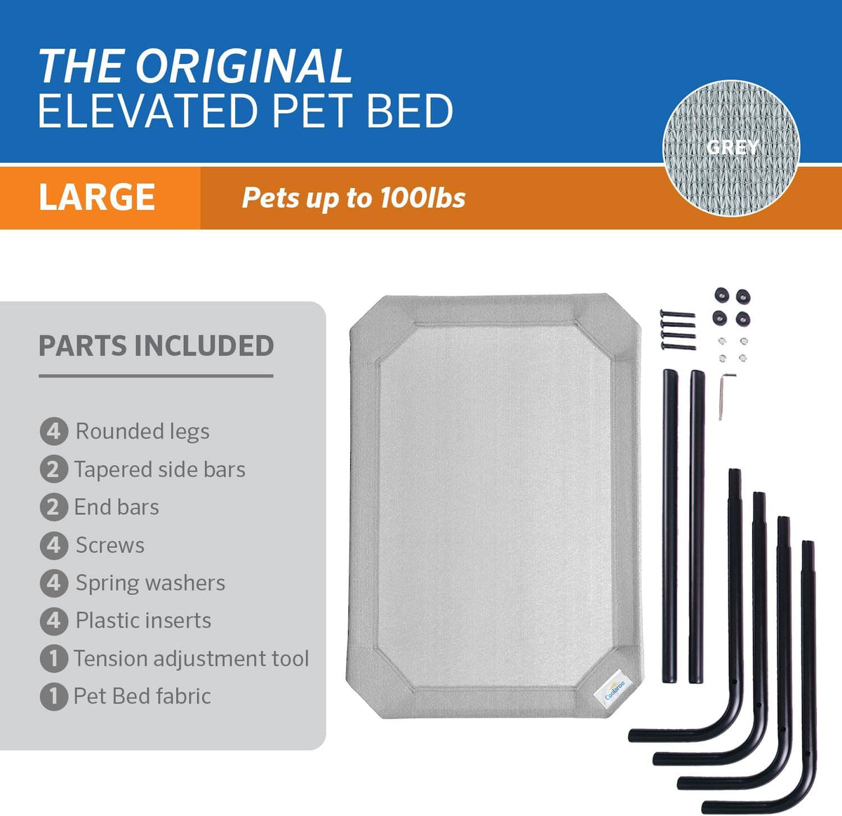 Coolaroo Original Elevated Dog Bed - Breathable Off-The-Ground Pet Bed with Cooling Fabric, Joint Relief & Moisture-Resistant Fabric, 100% Recyclable, Easy Clean, Grey, Large