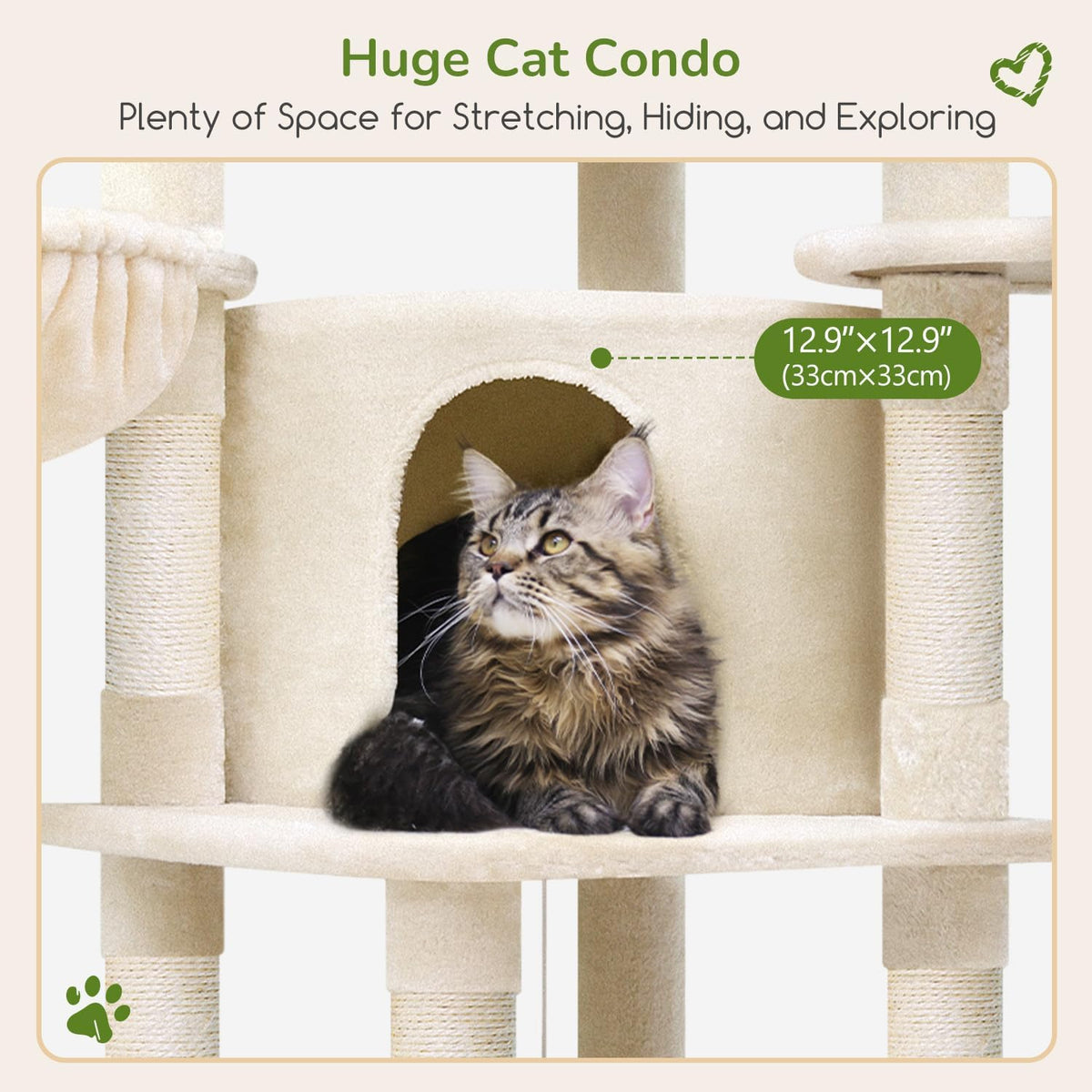 Globlazer Corner Cat Tree, 51in Curved Series Modern Cat Tower for Indoor Cats with Hammock, 7 Sisal Scratching Posts, Large Fan-Shaped Platform for Large Cats, Cat Condo & Hanging Basket, C51, Beige