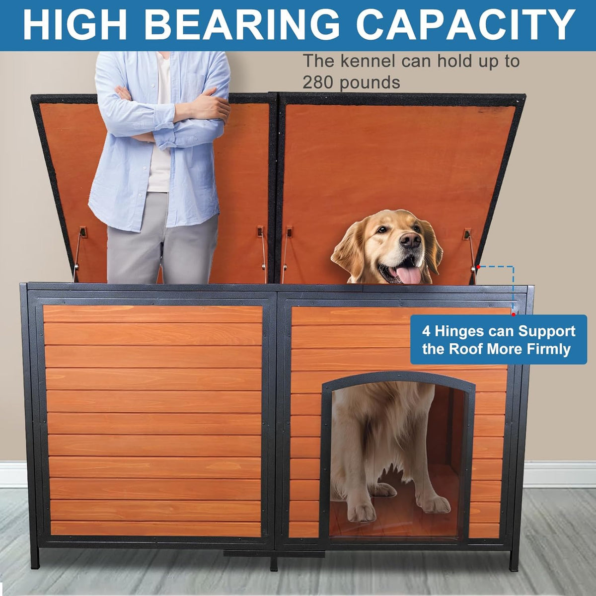 Extra Large Dog House Outdoor Weatherproof 59.1" Outside Wooden Dog Kennel, Chewproof Strong Iron Frame Window