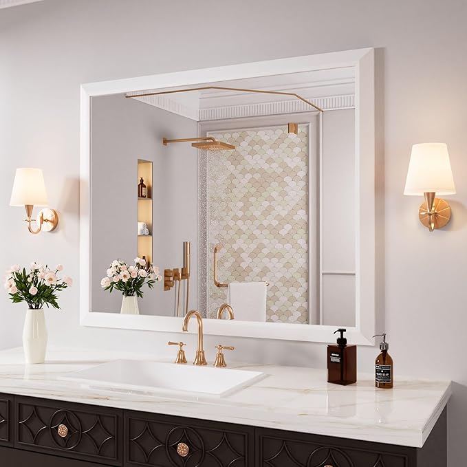 Amorho Bathroom Mirror, 44x36 Inch White Framed Bathroom Mirrors