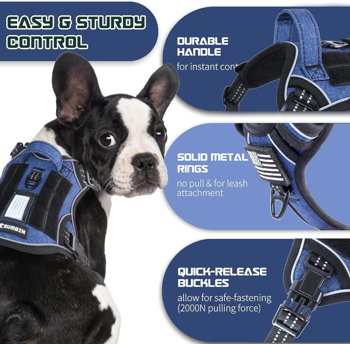BUMBIN Tactical Dog Harness for Large Dogs No Pull, Famous TIK Tok No Pull Puppy Harness, Fit Smart Reflective Pet Walking Harness for Training, Adjustable Dog Vest Harness with Handle Denim Blue L