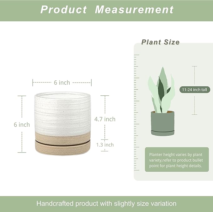 HERDUK 6 Inch Plant Pots, Ceramic Planter Pot with Drainage Hole & Saucer, Indoor/Outdoor Cylinder Round Planter Pot, White & Beige Glaze