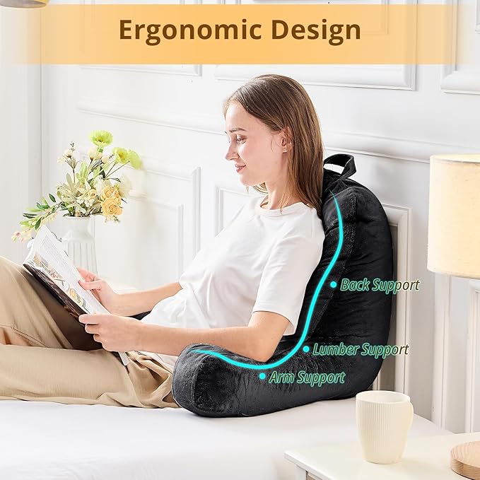 Sasttie Reading Pillow, Velvet Back Pillow for Bed Sitting Up, Adult Back-Rest Support Cushion with Arms for Sit Up on Couch, Sofa, and Floor, Dorm Essentials, Reading Accessories, Black