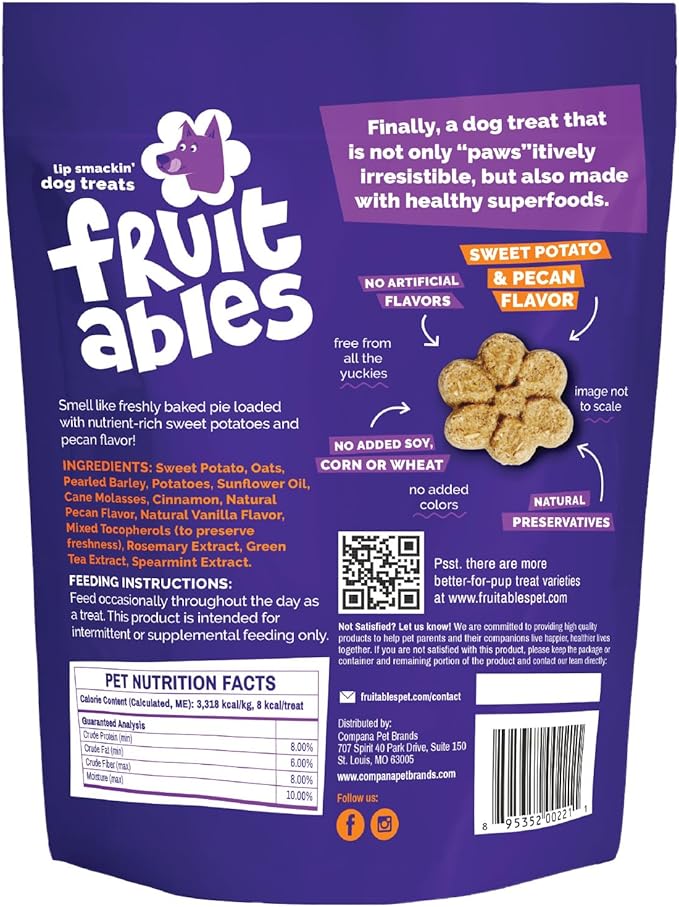 Fruitables Baked Dog Treats, Healthy Pumpkin Treat for Dogs, Low Calorie & Delicious, Free of Wheat, Corn and Soy, Made in the USA, Sweet Potato and Pecan Flavor, 7oz