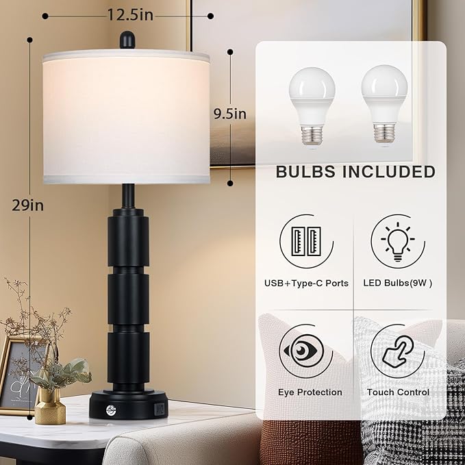 Set of 2 Modern Table Lamps for Living Room Bedroom,29" Tall Bedside Lamp with 2 USB Port,Black Metal Touch Nightstand Lamp for Desk End Side Table Entryway,Black