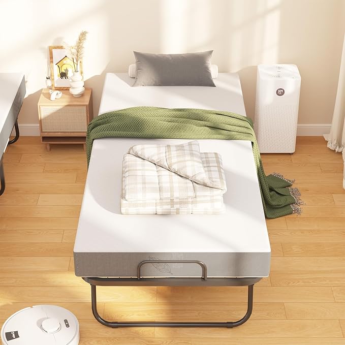 Folding Bed with Mattress, 75" x 31" Twin Size Rollaway Bed on Wheels, Foldable Metal Frame & Storage Pocket, Space-Saving Portable Cot for Adults, Home, Office, Apartment