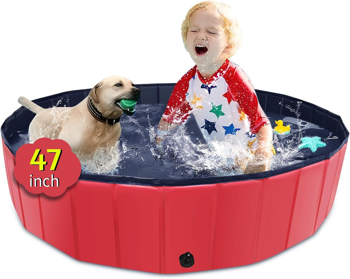 Foldable Dog Pool, 47" x 12" Kiddie Pool with Hard Plastic, Non-Slip Dog Bath Tub for Outdoor Backyard, Collapsible Dog Swimming Pool for Kids Dogs Pets (Red)