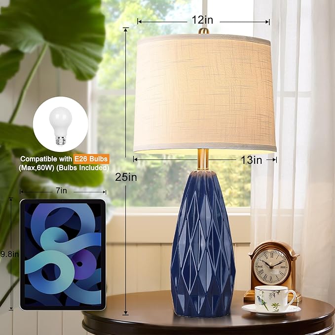 25'' Table Lamp Navy Blue Table Lamps Modern Ceramic Lamps for Night Stand - Dimmable Bedside Lamps for Nightstand, Bedroom Lamp for Living Room Desk End Table Office Guest Room
