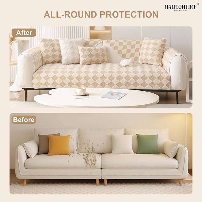 HANDONTIME Non-Slip Pet Couch Cover Washable, Plush Faux Fur Couch Protector for Cushion Pet-Friendly Sofa Covers for Dogs, Checkered Diamond Sectional Covers Dog Mat for Sofa (Khaki, 35.6" x 94.5")