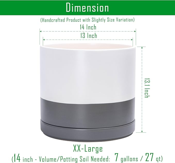 D'vine Dev 14 Inch Ceramic Planter Pot with Drainage Hole and Saucer, Indoor Cylinder Round Planter Pot, White/Speckled Grey, 94-O-G-6