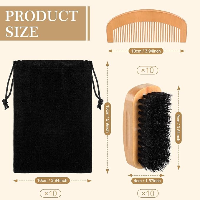 10 Sets Natural Boar Bristle Brush, Pear Wood Dual-Sided Wide Tooth Comb, Travel Pouch - Beard Grooming Kit for Men's Beard Care, Valentine's Gift (Rectangle)