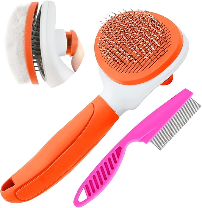 Cat Brushes for Indoor Cats, Dog Brush for Shedding with Metal Cat Comb, Self Cleaning Pet Hair Brush with Release Button for Grooming Kitten(Orange)