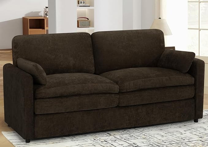 69" Chenille Modern Couch with Cozy & Soft Backrests, 2 Seats Sofa with 2 Extra Pillows, Comfy Upholstered Sofa with Thicker Cushions for Living Room, Office, Brown