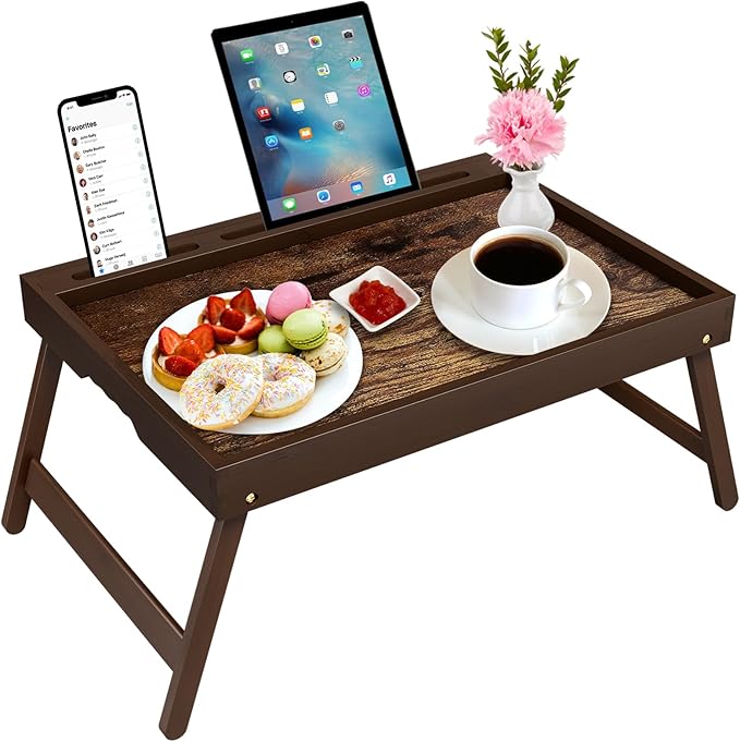 Bamboo Breakfast Tray with Foldable Legs & Detachable Stand | Ergonomic Handle | Portable Bed Tray for Eating, Working, Laptop, Tablet, and Phone（Vintage Walnut）