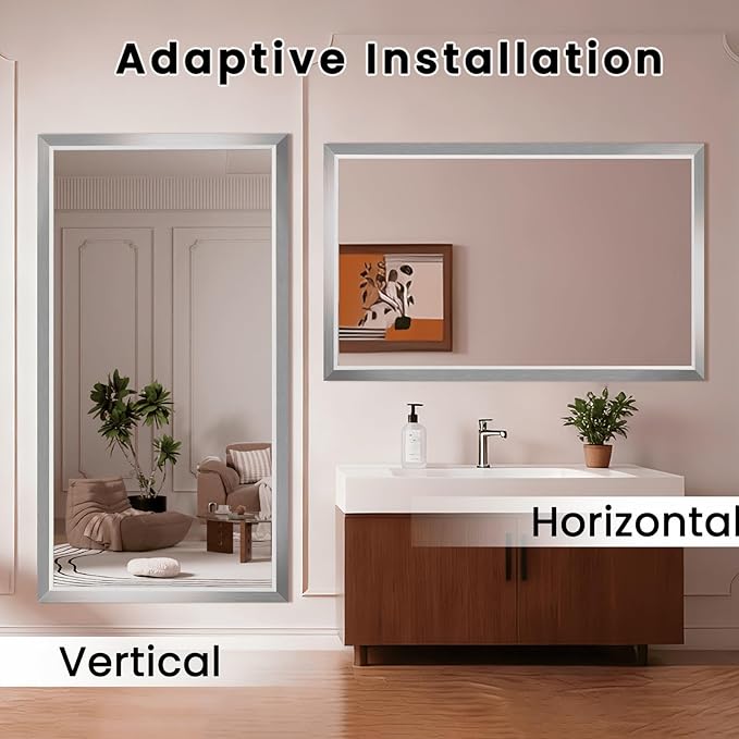 Amorho Bathroom Mirror, 48x40 Inch Silver Thick Metal Framed Wall Mirrors