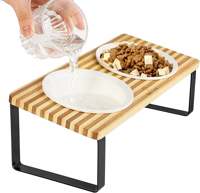 Sunhoo Ceramic Elevated Cat Bowls Raised Puppy Dishes for Food and Water Tilted Wooden Stand for Indoor Cats 5.5 inch Wide Double Dish Orthopedic Reduces Vomiting (Yellow&Brown)