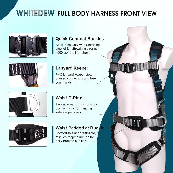 Fall Protection Premium Safety Harness with Shock Absorbing Lanyard, Vented & Padded Shoulder, Legs & Back - Upgrade 4 Quick Buckles (Dark Green)