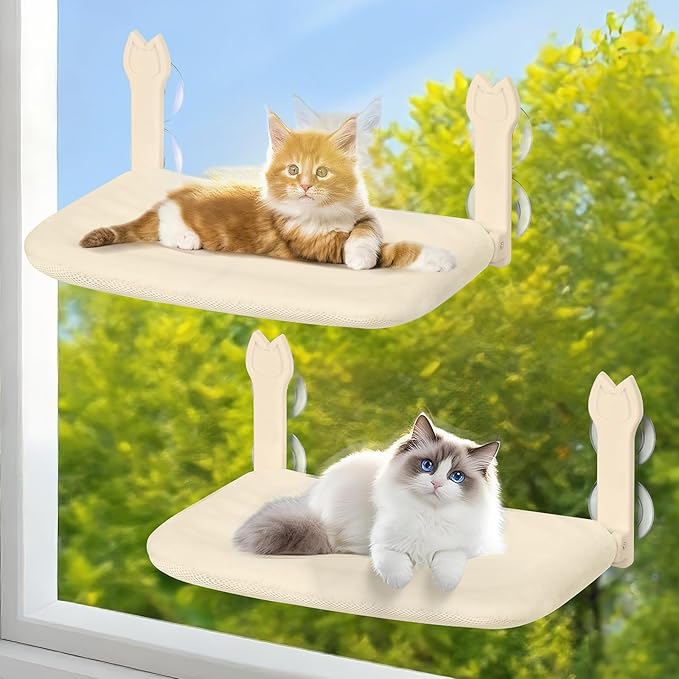 Cat Window Hammock 2-Pack,Foldable Cat Perch with Suction Cups & Metal Frame,Holds up to 40 lbs - Durable & Secure for Cats,Features 2-Sided Cushion & Easy Storage for Sunny Lounging(Beige)