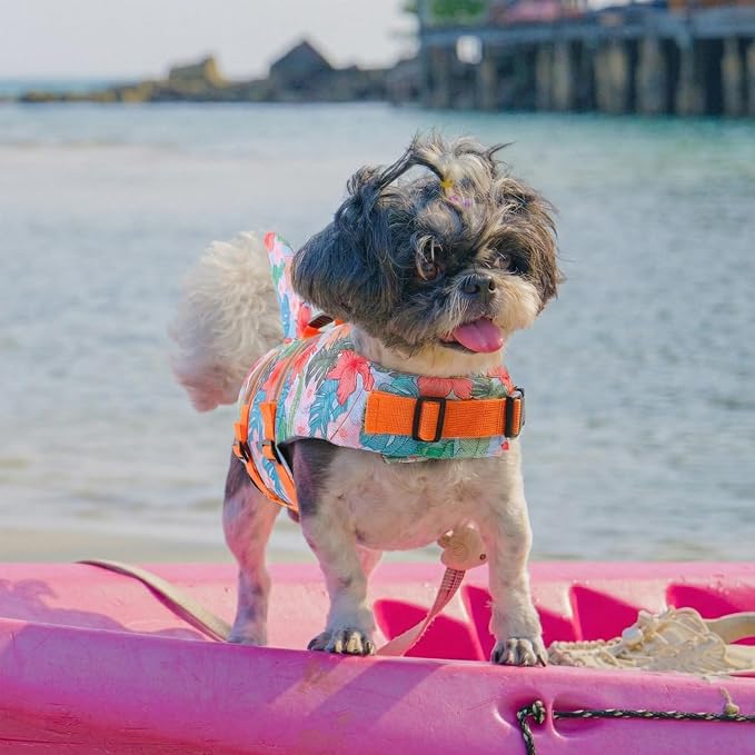 Dog Life Jacket High Flotation, Reflective Dog Life Vest for Swimming, Adjustable Dogs Life Preserver Rescue Handle Spring Summer Pool for Small, Medium, Large Dogs (HawaiiOrange,S)