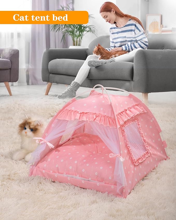Cat Princess Bed Tent House - Kitty Cute Beds Indoor,Small Dog House Indoor/Outdoor Cave Nest Bed Small Dog Tent for Cat,Puppy Tents (19.6"x19.6"x17.7"/Pink)
