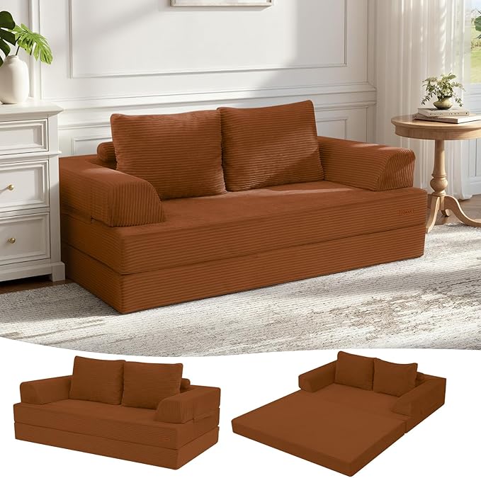 COMAX Convertible Sofa Bed, Folding Floor Couch Corduroy Fold Out Couch Bed Futon Sleeper Mattress with Pillows, Boneless Sofa Comfy Lounge Loveseat for Living Room Bedroom
