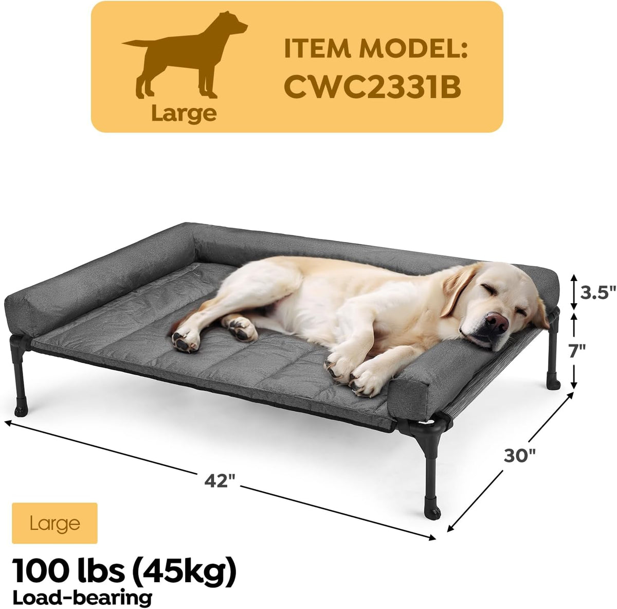 Veehoo Cooling Elevated Dog Bed Add Removable Waterproof Bolster Cushion Mat, Raised Pet Cot with Breathable Teslin Mesh, No-Slip Feet, Dog Couch Bed for Indoor Outdoor, Large, Black Silver