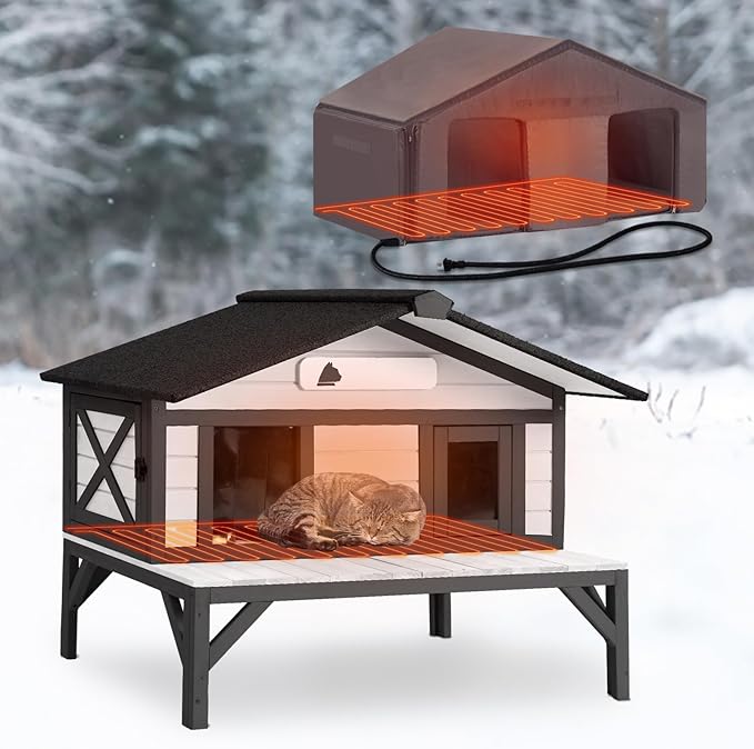 GUTINNEEN Heated Cat House for Outside Large Outdoor Cat House Insulated Weatherproof Feral Cat Shelter with Heating Pad, Insulated Thermal Liner, Chewproof Cable for 1-4 Cats, Winter-Ready (Black)
