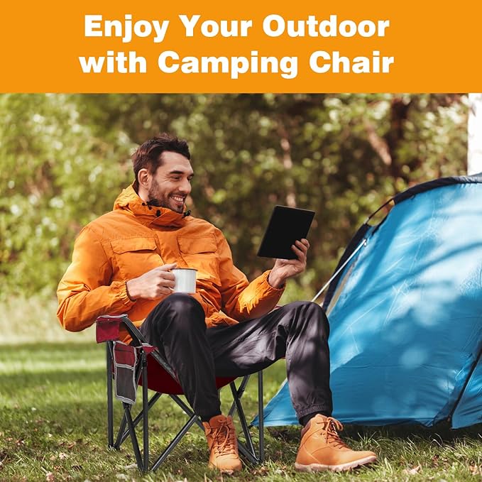 SAILARY 2PCS Folding Camping Chair Portable Outdoor Heavy Duty Padded Chairs Lawn Chair with Cup Holder, Storage Pocket and Cooler Bag, Supports 450LBS Red