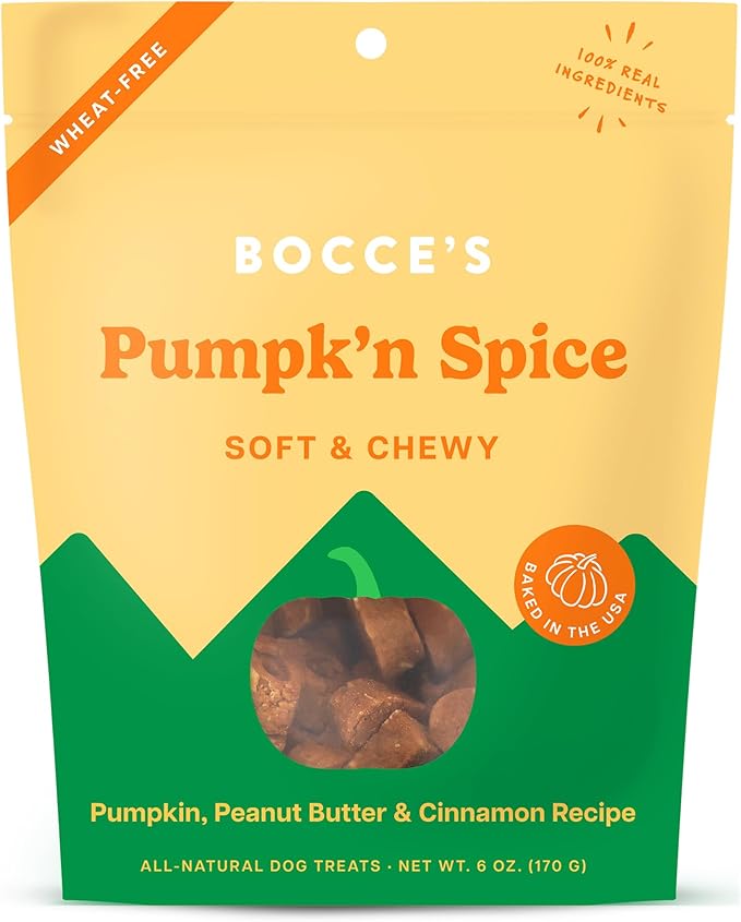 Bocce’s Bakery Pumpk'n Spice Treats for Dogs, Wheat-Free Everyday Dog Treats, Made with Real Ingredients, Baked in The USA, All-Natural Soft & Chewy Cookies, Pumpkin, Peanut Butter, & Cinnamon, 6 oz