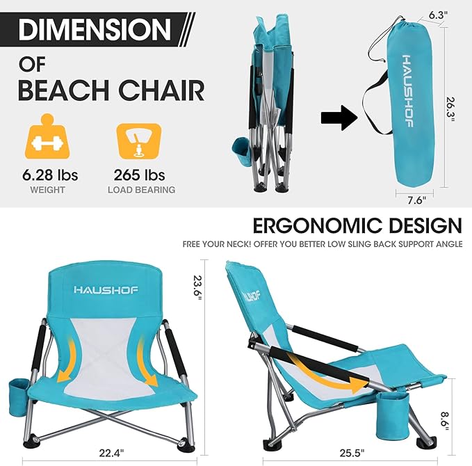 HAUSHOF Low Beach Chair, Mesh Back Folding Chair, Lightweight Low Seat Camping Chairs with Cup Holder, Carry Bag, Padded Armrest, for Outdoor Beach Lawn Camping Picnic Festival