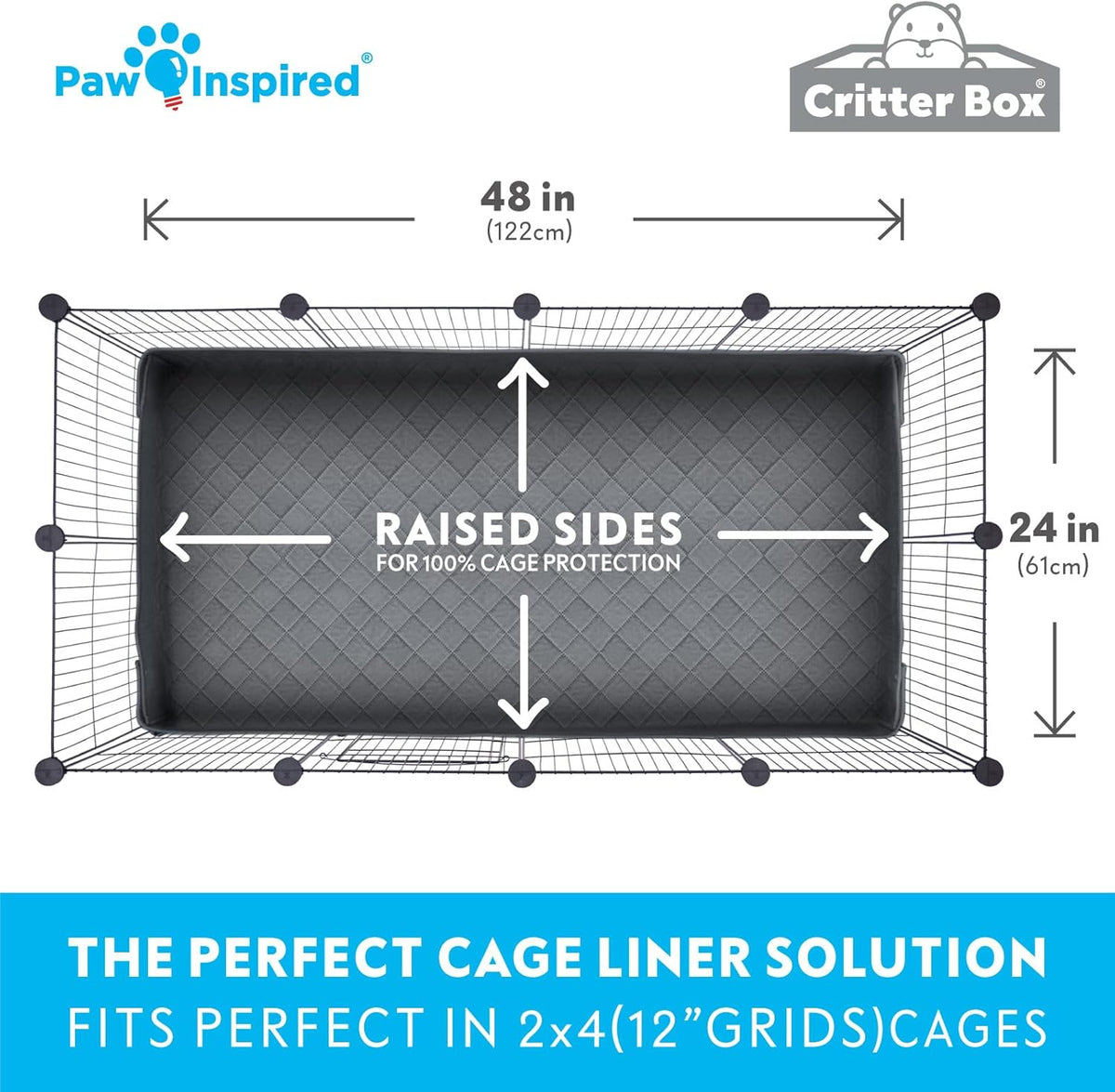 Paw Inspired Critter Box Washable Cage Liner, Reversible Fleece Bedding with Raised Sides for Guinea Pigs and Other Small Animals (2x4 (12" Grids), Gray/Blue)