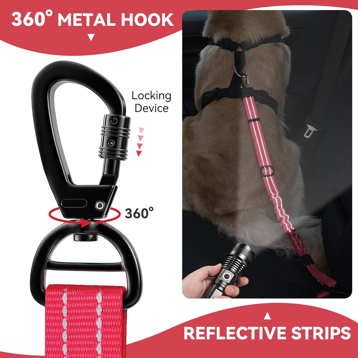 Pawaboo 2Pack Dog Seatbelt for Car, 3-in-1 Dog Seat Belt Bungee, Shockproof Dog Car Tether with Buckle & Hook Latch, Adjustable Reflective Dog Car Harness Leash with 360° Lockable Buckle, Red
