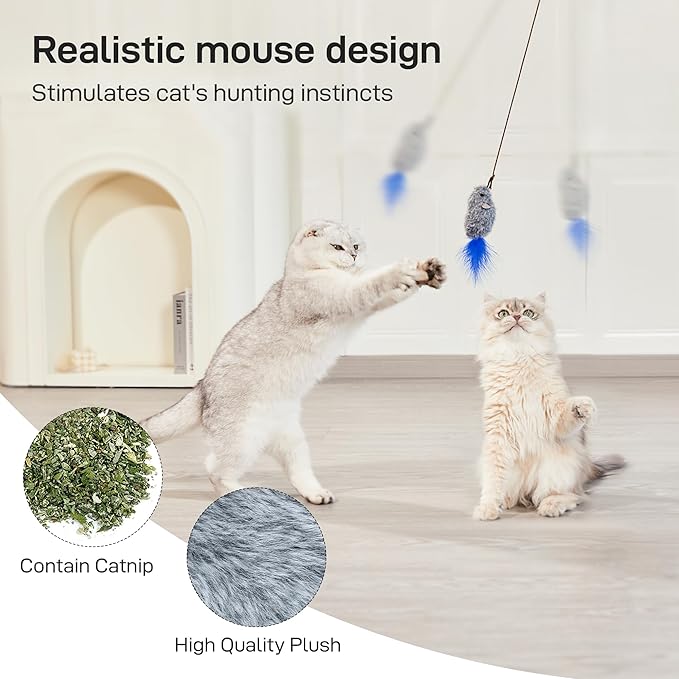 Potaroma Hanging Cat Mice Toys 3 Pcs with Squeaky Sound, Interactive Cat Teaser Retractable, Cat Toys Indoor Kitten Play Chase Exercise, Mental Physical Stimulation